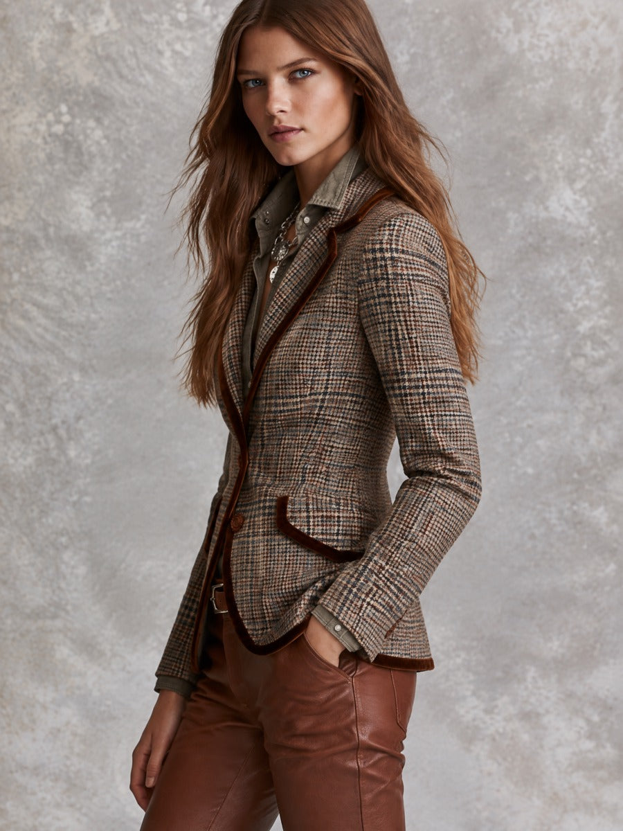 Vintage Brown Glen Plaid Fitted Blazer With Velvet Trim