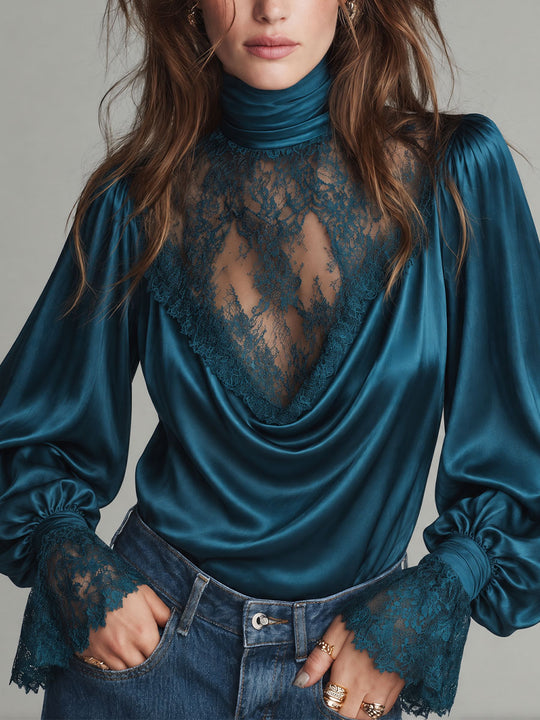 Retro Satin Lace Panel Mock Neck Balloon Sleeve Blouse