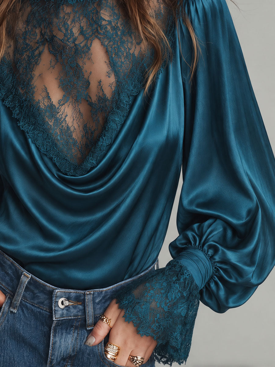 Retro Satin Lace Panel Mock Neck Balloon Sleeve Blouse
