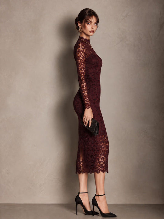 Burgundy Floral Lace Mock Neck Long Sleeve Bodycon Midi Dress with Scalloped Hem