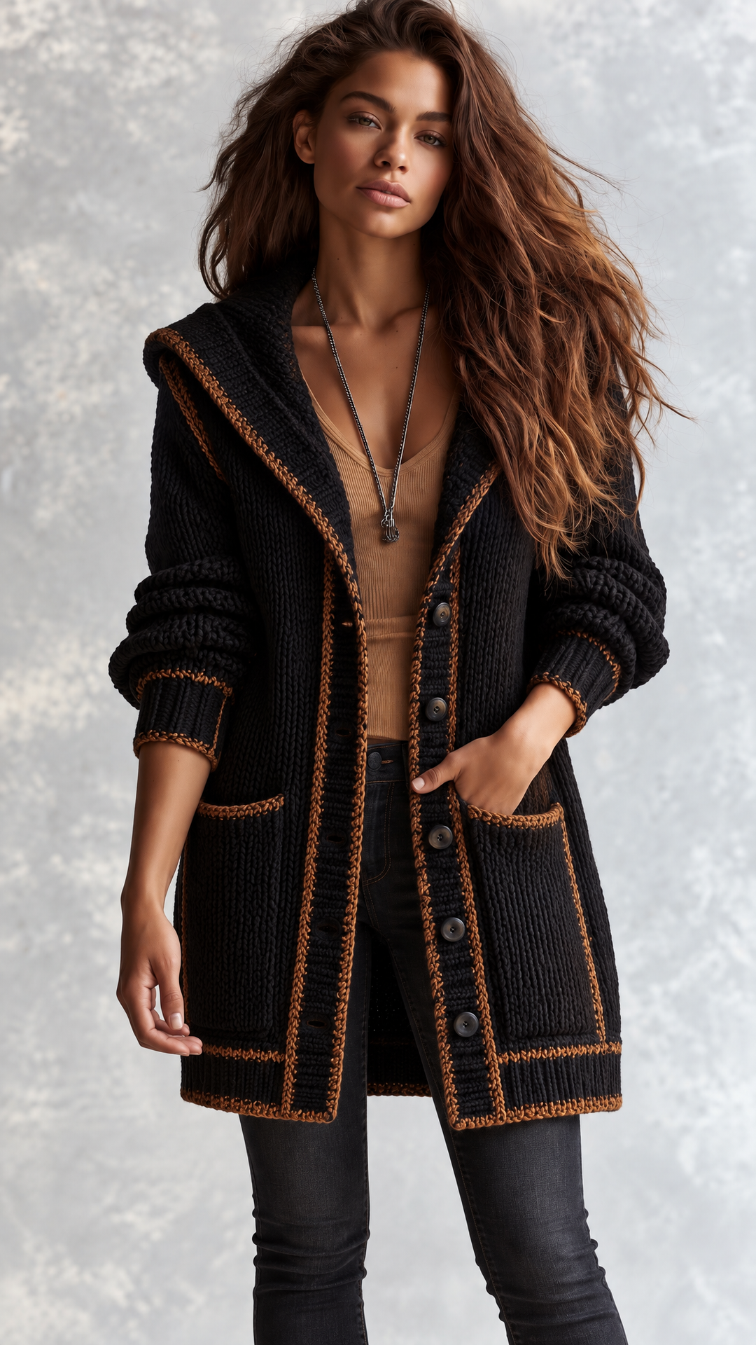 Retro Black Knit Hooded Longline Pockets Cardigan With Contrast Brown Trim