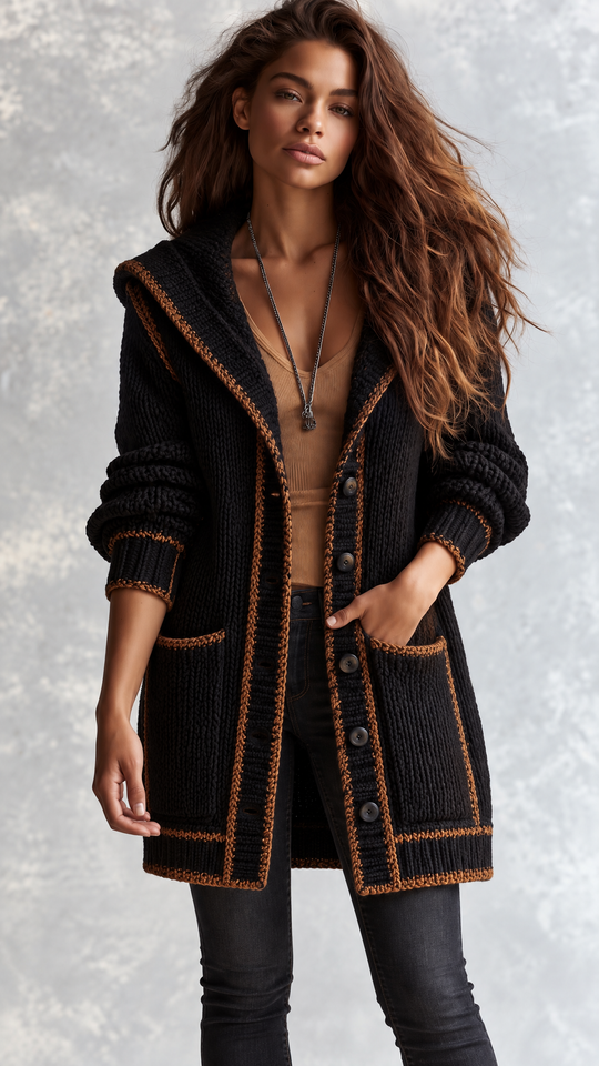 Retro Black Knit Hooded Longline Pockets Cardigan With Contrast Brown Trim