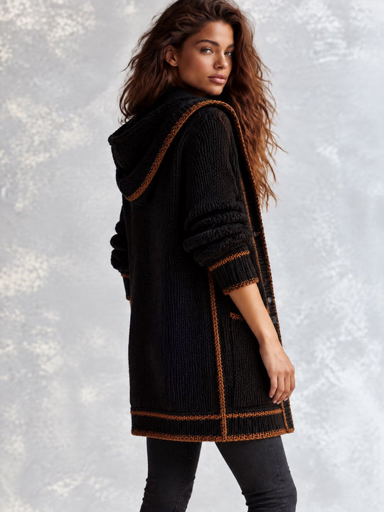 Retro Black Knit Hooded Longline Pockets Cardigan With Contrast Brown Trim