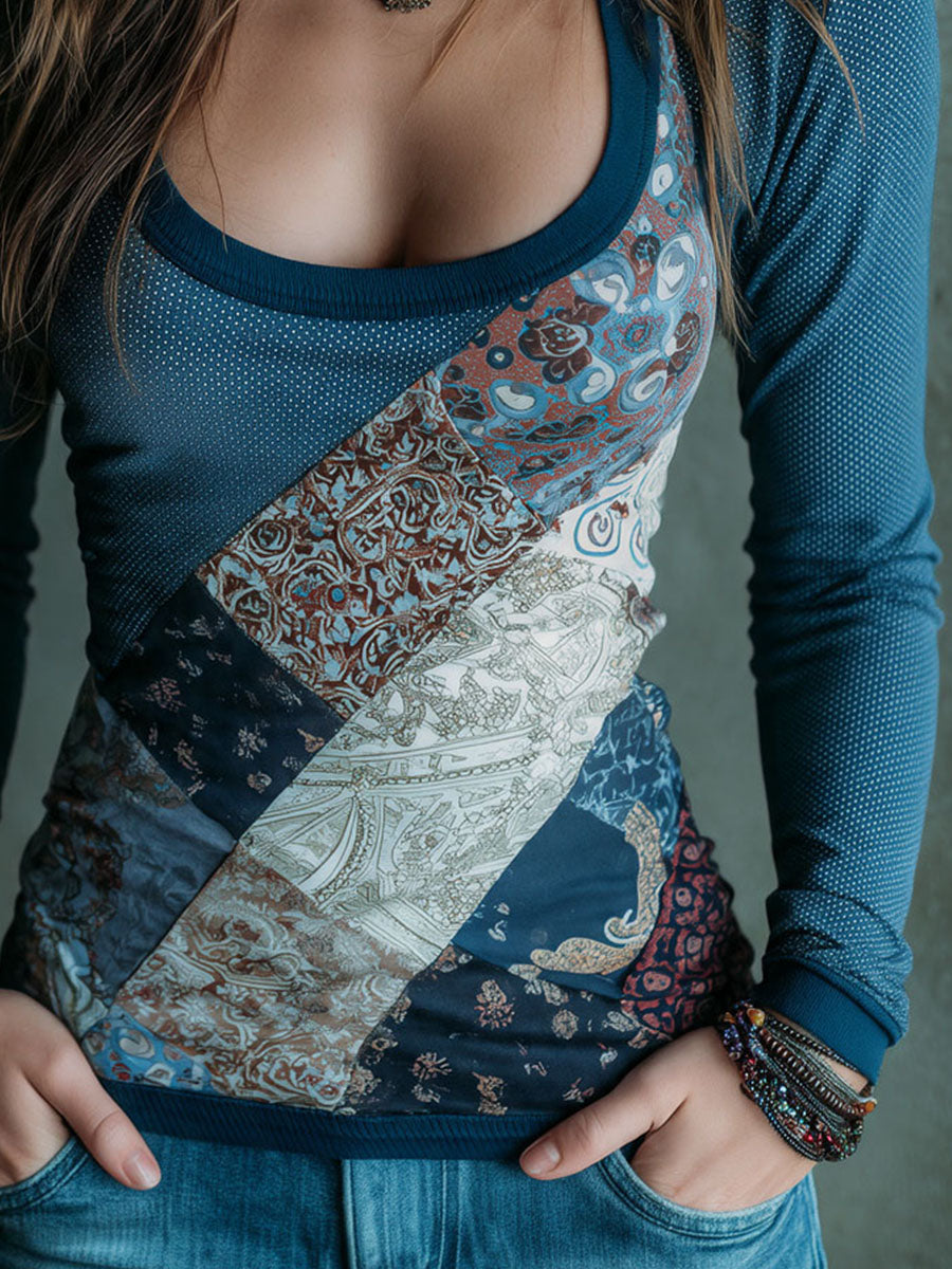 Boho Patchwork Print Scoop Neck Long Sleeve Slim Fit Tee