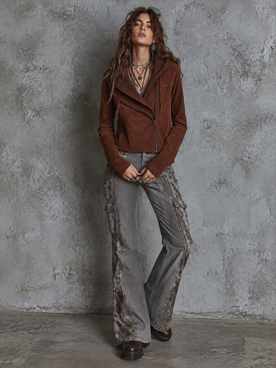 Women's Rust Brown Faux Suede Asymmetric Zip Moto Jacket with Rib-Knit Collar
