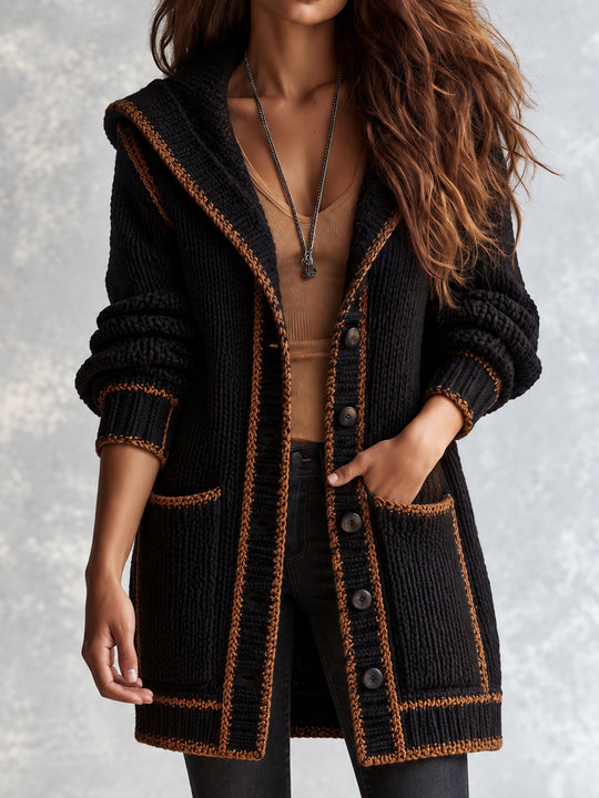 Retro Black Knit Hooded Longline Pockets Cardigan With Contrast Brown Trim