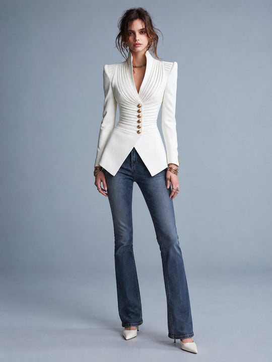 Ivory Tailored Pleated Slim Fit Blazer Jacket With Structured Shoulder