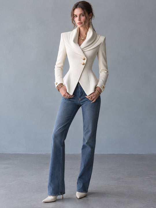 Women's Ivory Gold Buttons Structured Shawl Collar Blazer With Tailored Asymmetric Hem Jacket