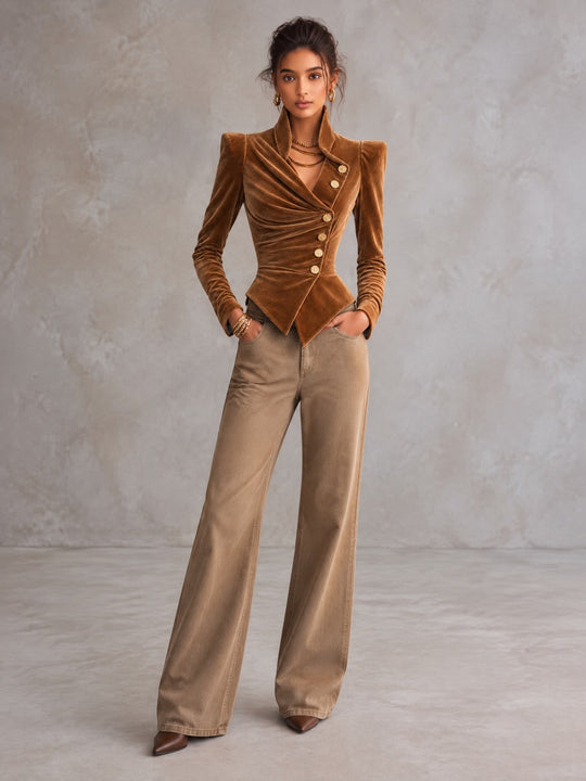 Caramel Brown Velvet Structured-Shoulder Jacket with Asymmetrical Button Front