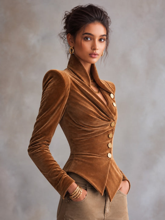 Caramel Brown Velvet Structured-Shoulder Jacket with Asymmetrical Button Front