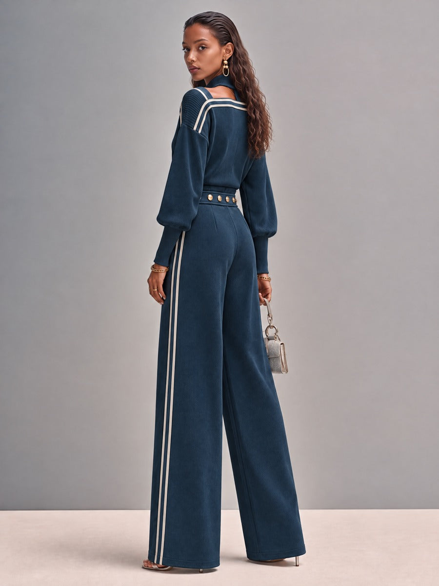 Navy Ribbed Cold-Shoulder Top and Wide-Leg Pants Set with Gold Button Details