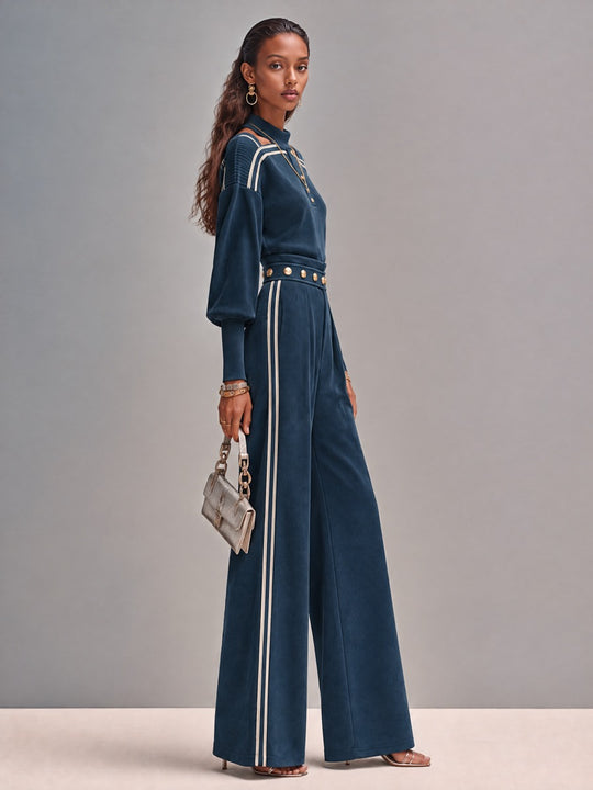 Navy Ribbed Cold-Shoulder Top and Wide-Leg Pants Set with Gold Button Details