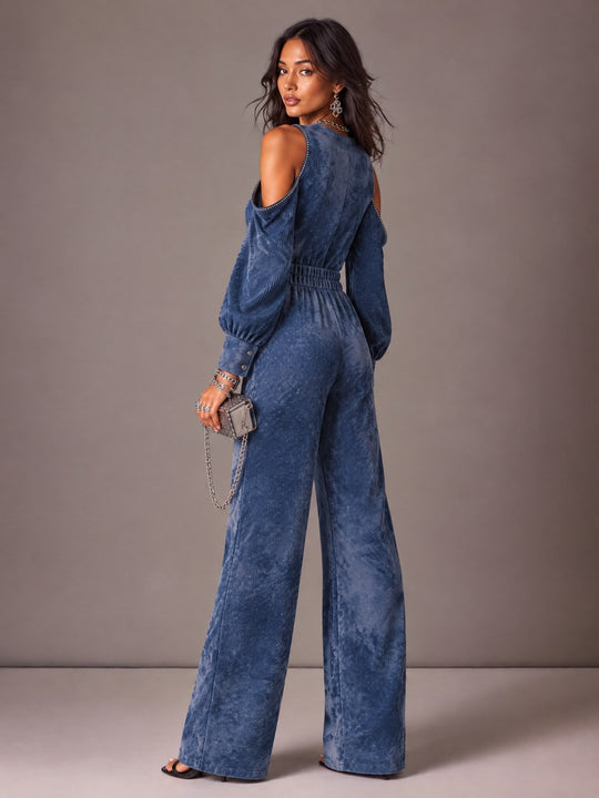 Blue Mottled Cold-Shoulder Wide-Leg Jumpsuit with Long Blouson Sleeves