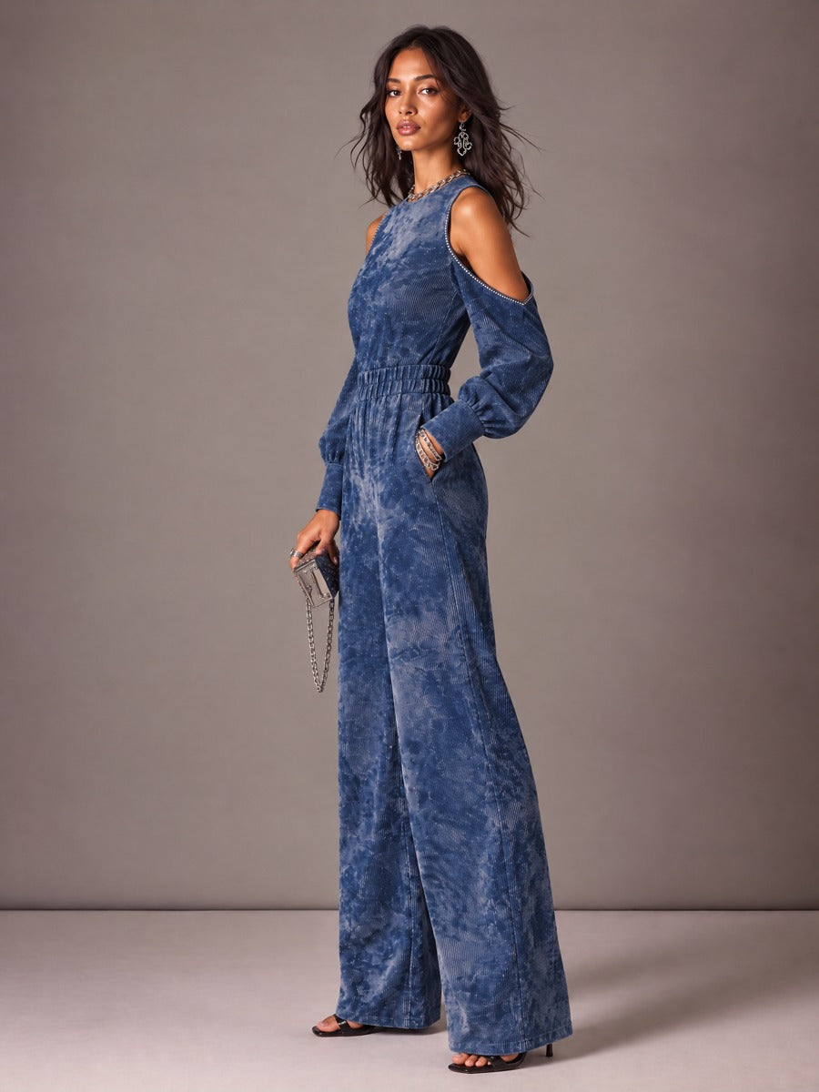 Blue Mottled Cold-Shoulder Wide-Leg Jumpsuit with Long Blouson Sleeves