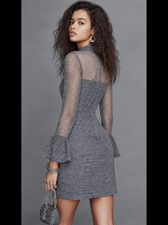 Vintage Sheer Mesh Sleeves And Bell Cuffs Tweed Tie-Neck Mini Dress