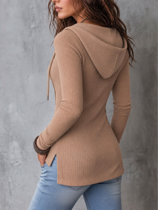 Lace Panel Asymmetric Button Hem Ribbed Knit Hooded Top