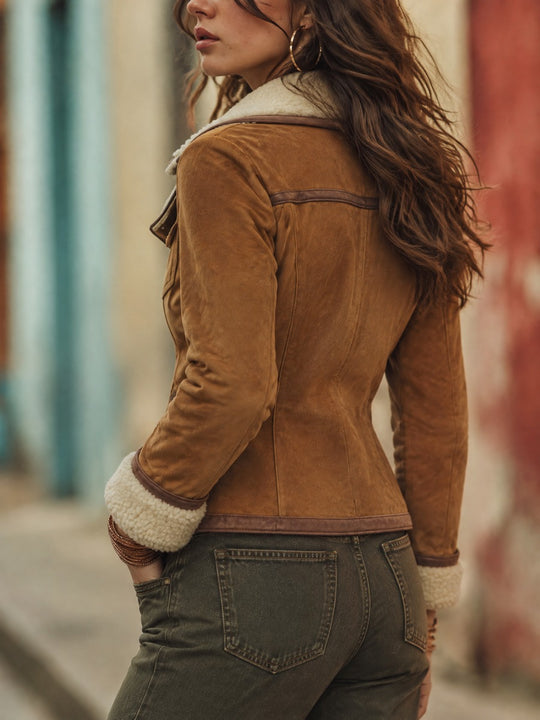 Vintage-Style Asymmetric Button-Placket Faux Sherpa-Lined Faux Suede Jacket