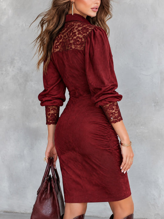 Faux Suede Lace Yoke Puff Sleeves Red Mini Dress