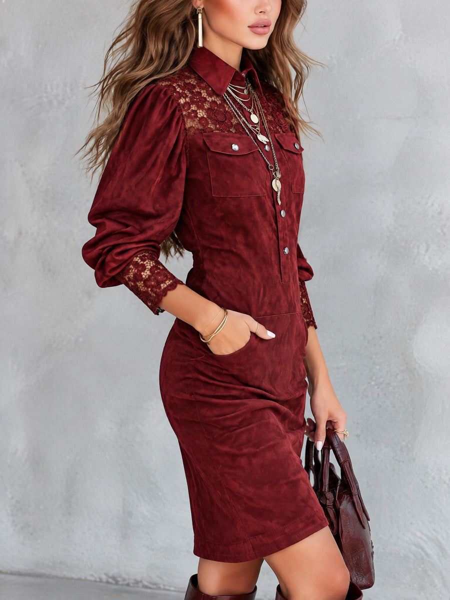Faux Suede Lace Yoke Puff Sleeves Red Mini Dress