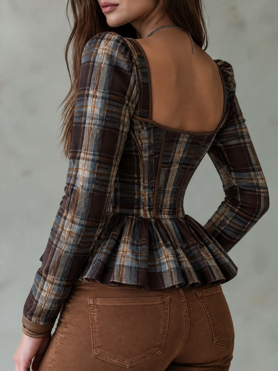 Brown Blue Plaid Corset Peplum Top with Front Zipper and Puff Sleeves