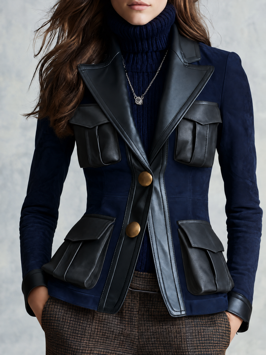 Retro Navy Microsuede Black Faux Leather Trim Blazer With Flap Pockets