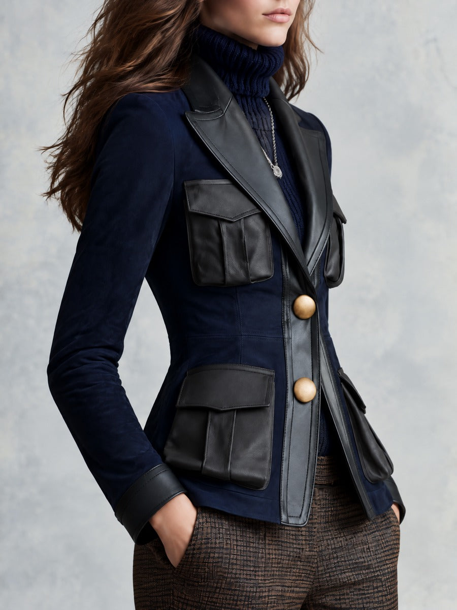 Retro Navy Microsuede Black Faux Leather Trim Blazer With Flap Pockets