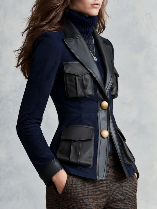 Retro Navy Microsuede Black Faux Leather Trim Blazer With Flap Pockets