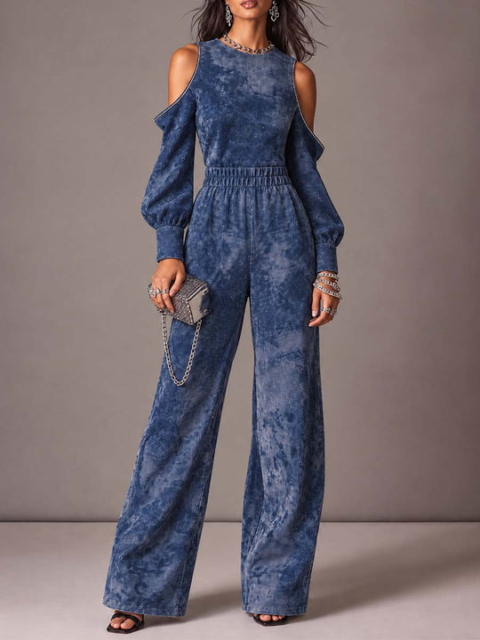 Blue Mottled Cold-Shoulder Wide-Leg Jumpsuit with Long Blouson Sleeves