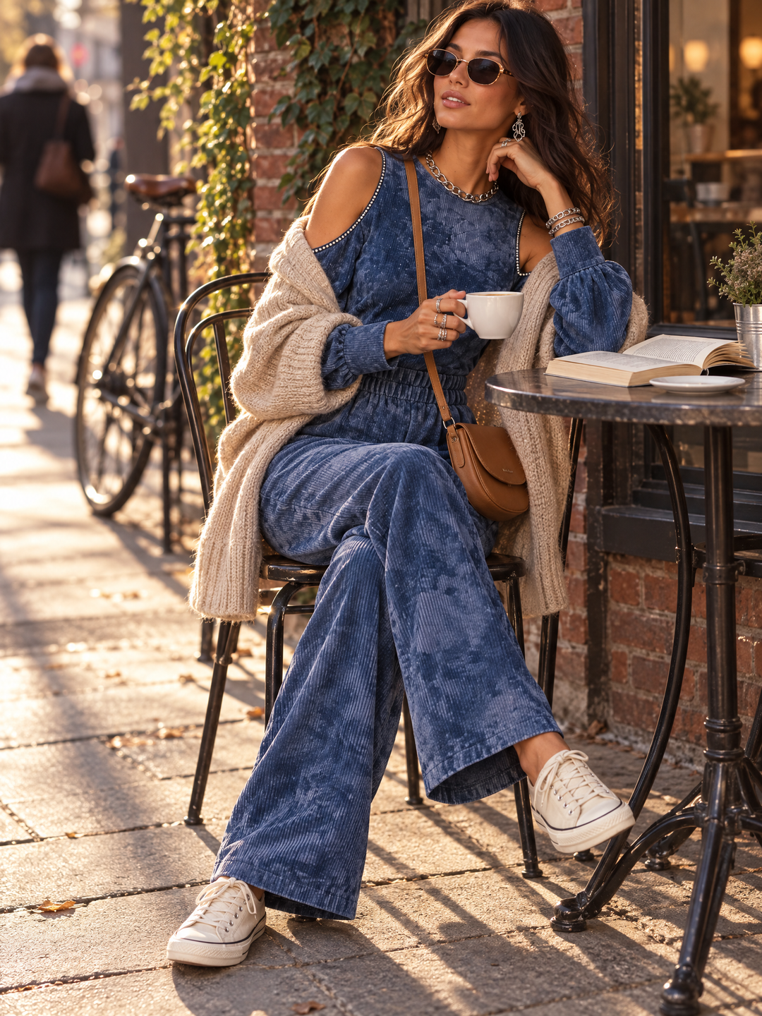 Blue Mottled Cold-Shoulder Wide-Leg Jumpsuit with Long Blouson Sleeves