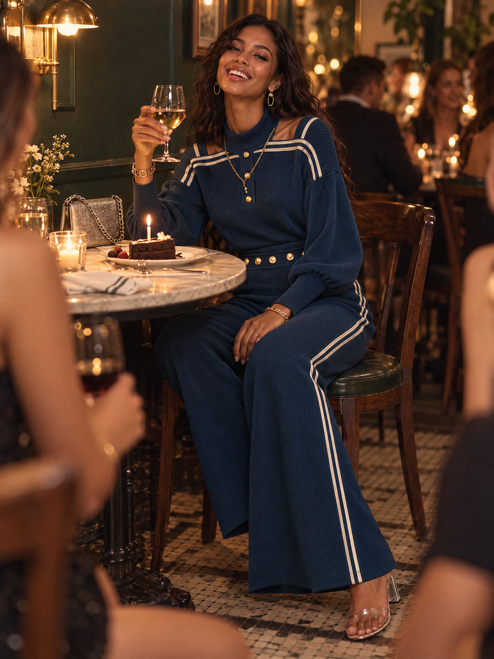 Navy Ribbed Cold-Shoulder Top and Wide-Leg Pants Set with Gold Button Details
