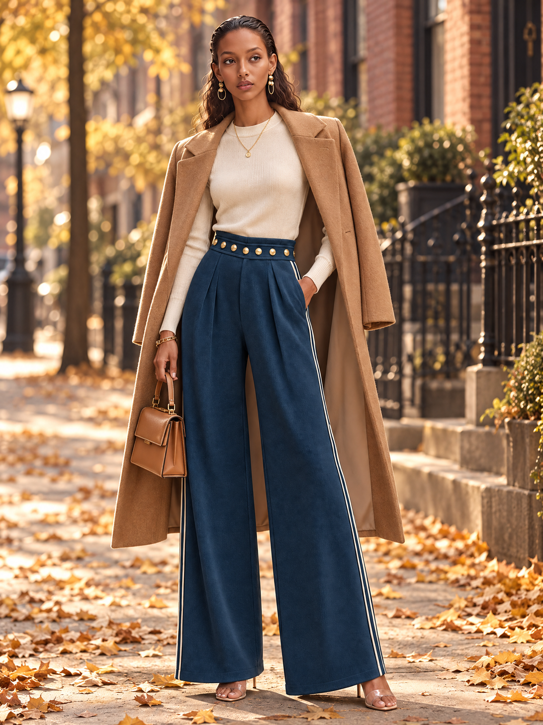 Navy Ribbed Cold-Shoulder Top and Wide-Leg Pants Set with Gold Button Details