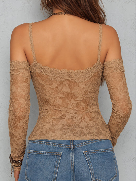 Vintage Floral Lace Off-Shoulder Long Sleeve T-shirt