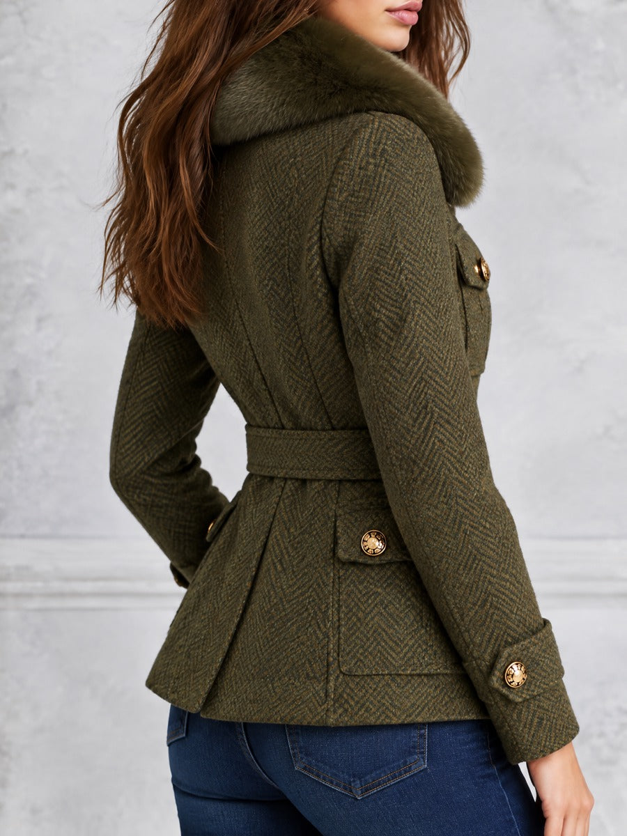 Vintage Olive Herringbone Tweed Belted Jacket With Faux Fur Collar