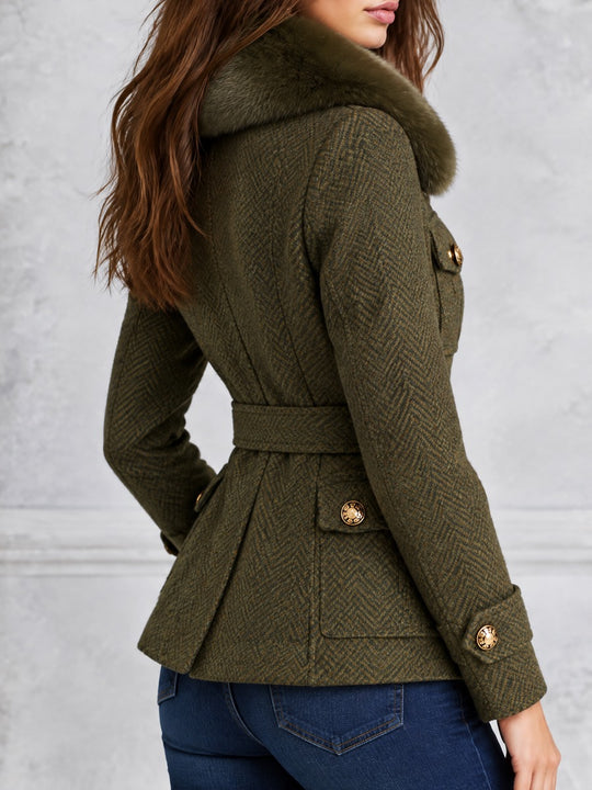 Vintage Olive Herringbone Tweed Belted Jacket With Faux Fur Collar