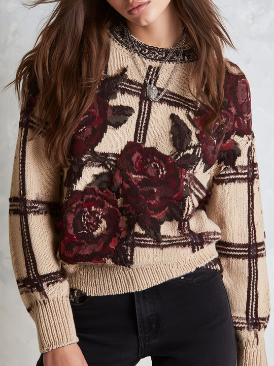 Retro Beige Rose Jacquard Crewneck Sweater With Brown Check Lines