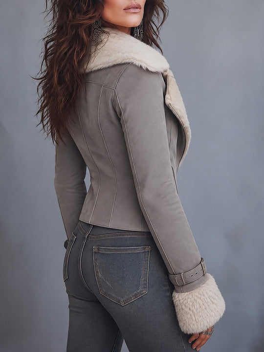 Women's Grey Cropped Asymmetric Zip Moto Jacket with Cream Faux Shearling Collar