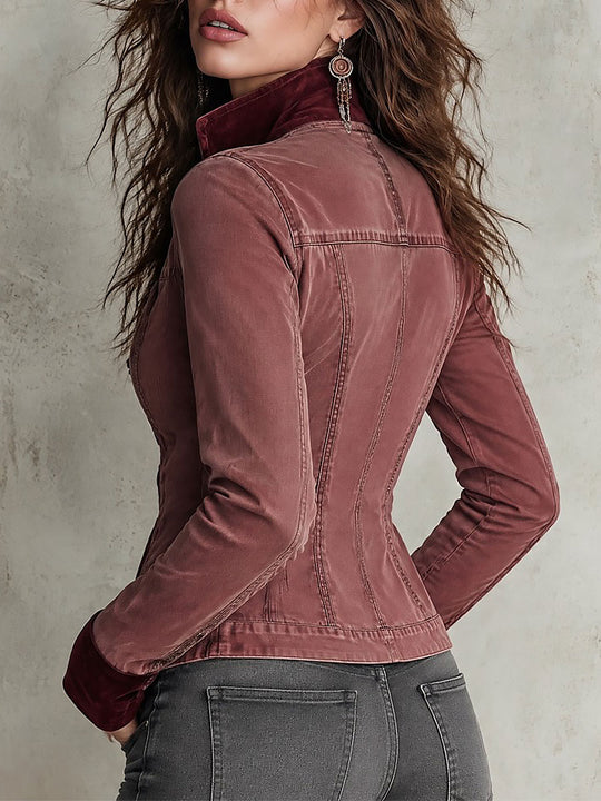 Boho Dusty Rose Fitted Zip-Up Jacket with Burgundy Velvet Collar