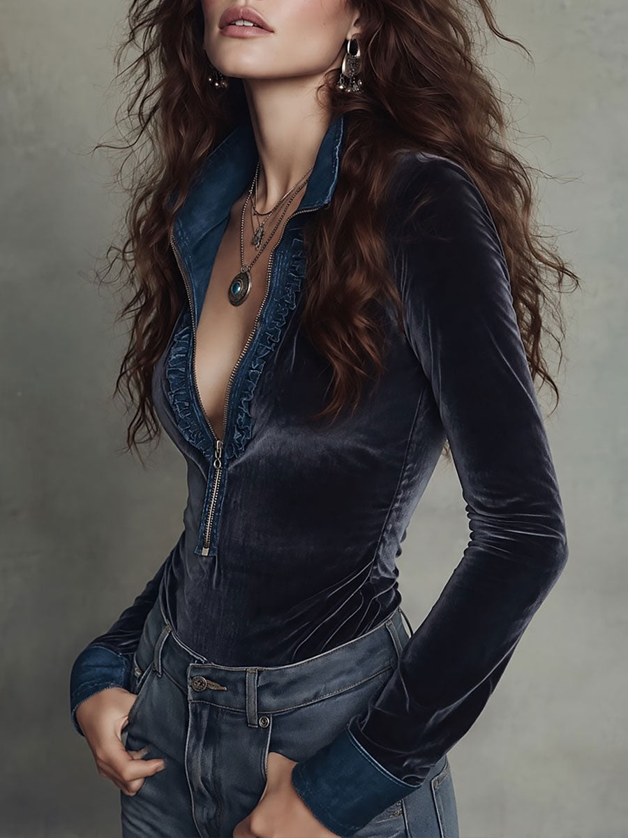 Boho Navy Velvet Long Sleeve Zip-Front Blouse with Denim Ruffle Placket
