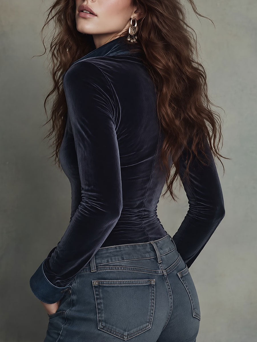 Boho Navy Velvet Long Sleeve Zip-Front Blouse with Denim Ruffle Placket