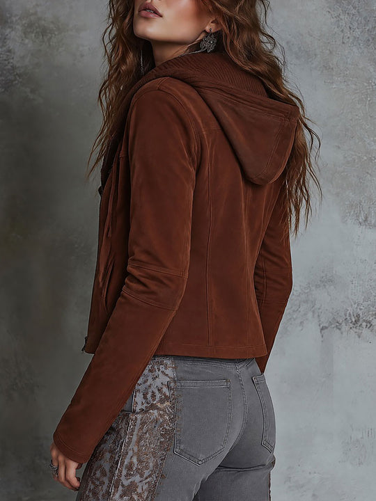 Women's Rust Brown Faux Suede Asymmetric Zip Moto Jacket with Rib-Knit Collar