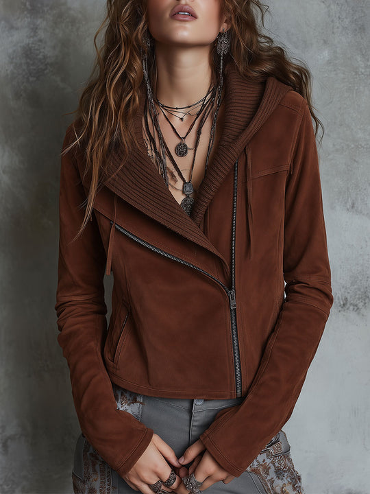 Women's Rust Brown Faux Suede Asymmetric Zip Moto Jacket with Rib-Knit Collar