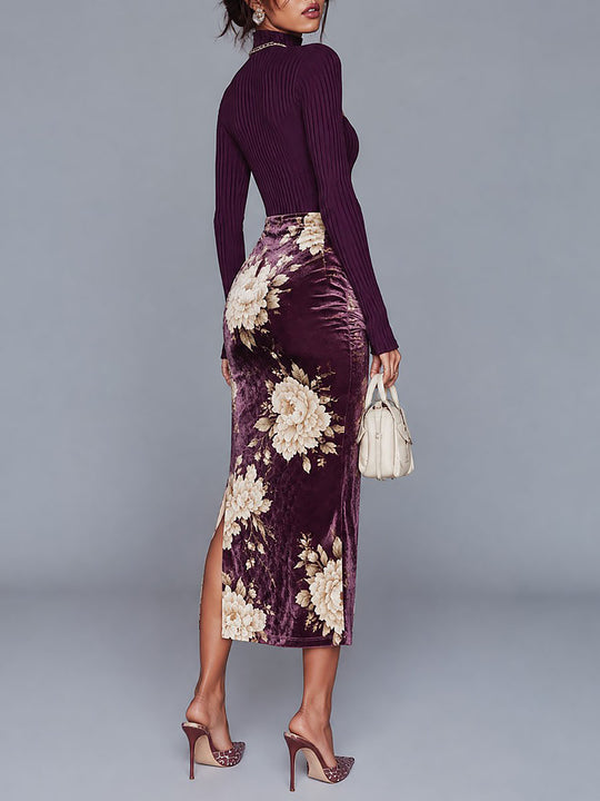 Vintage Keyhole Neckline Ribbed Top & Velvet Floral Print Ruched Midi Skirt Set