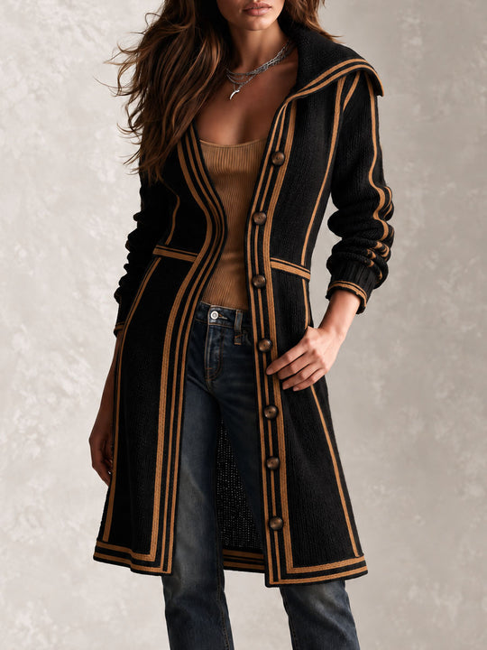 Retro Black Knit Long Tailored Cardigan Coat WithContrast Trim