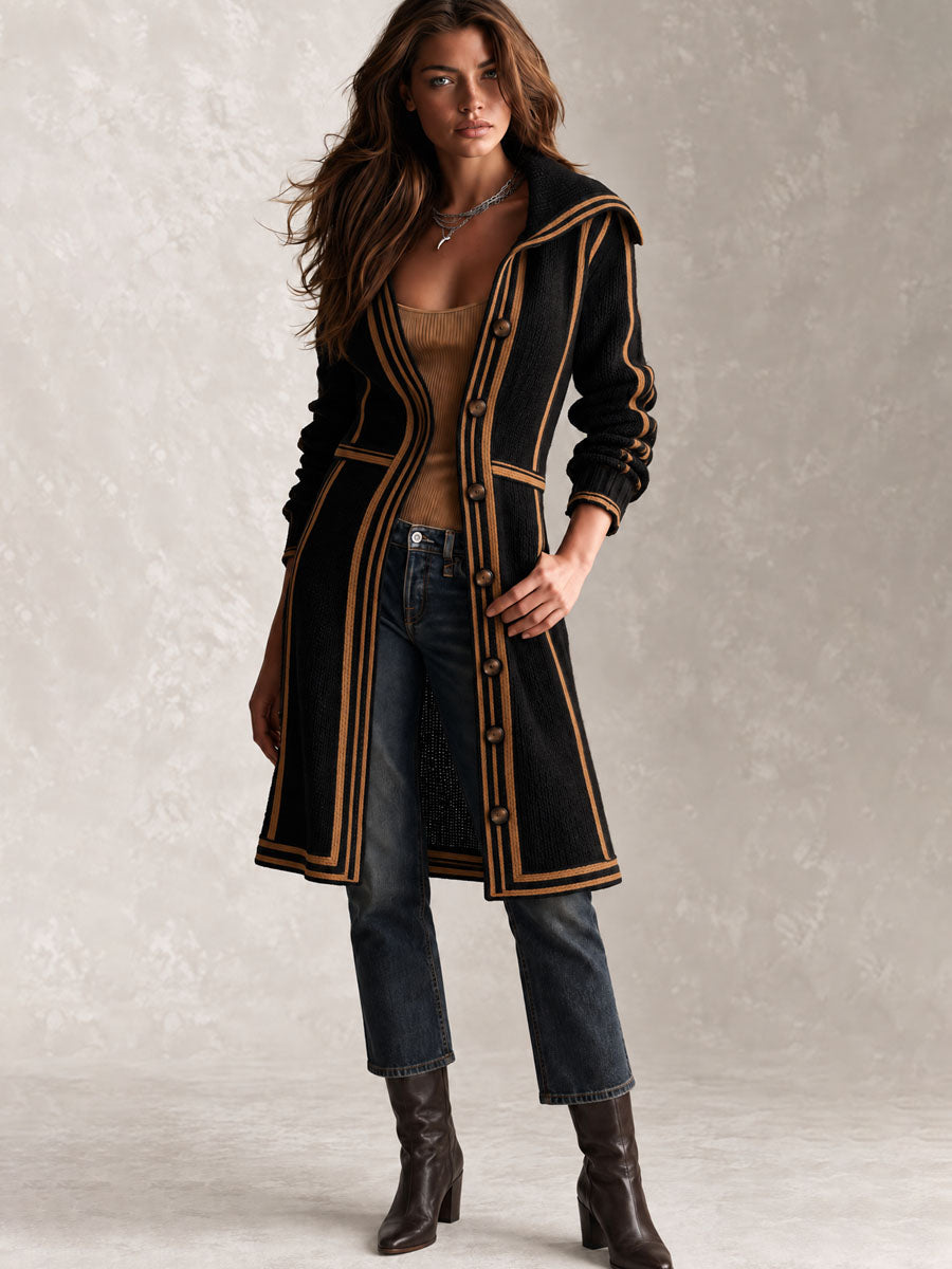 Retro Black Knit Long Tailored Cardigan Coat WithContrast Trim