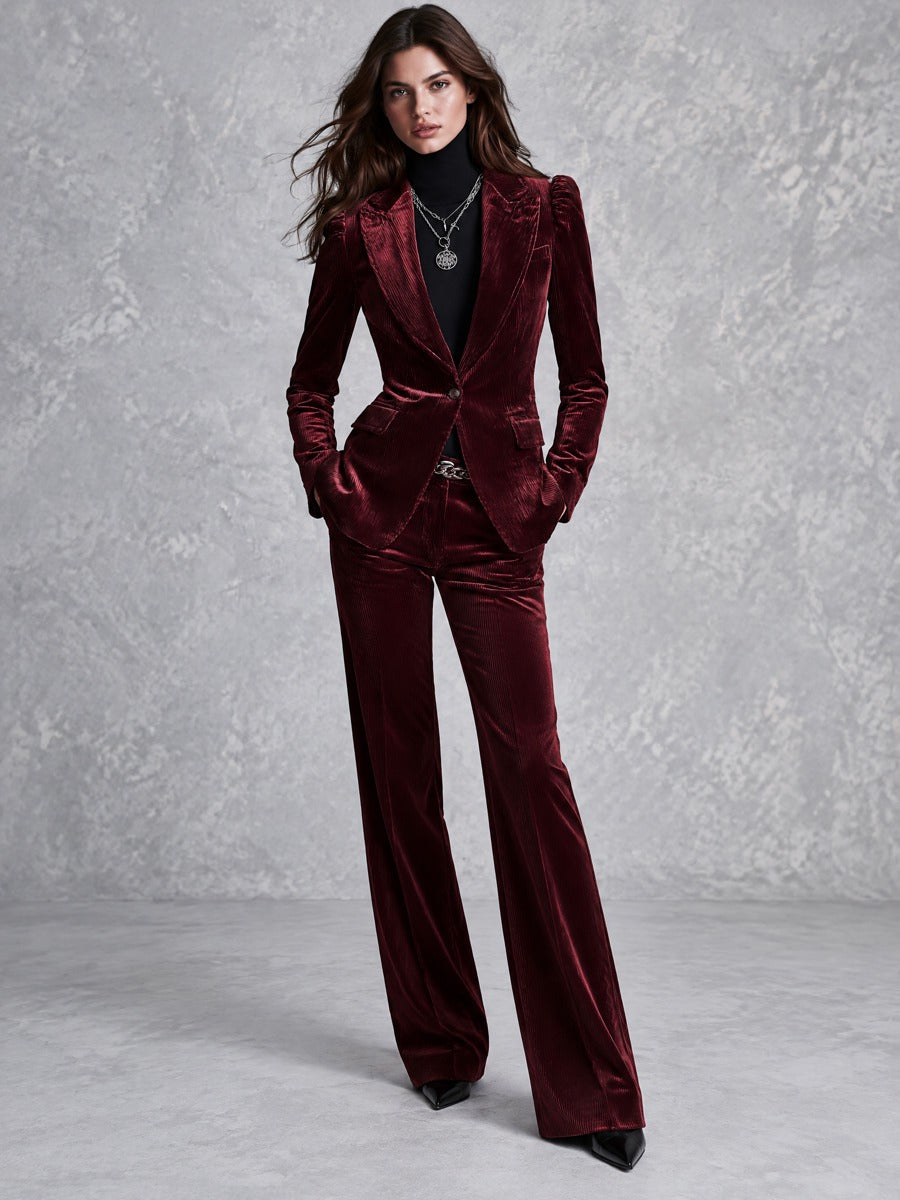 Retro Burgundy Ribbed Velvet Peak Lapel Tailored Blazer