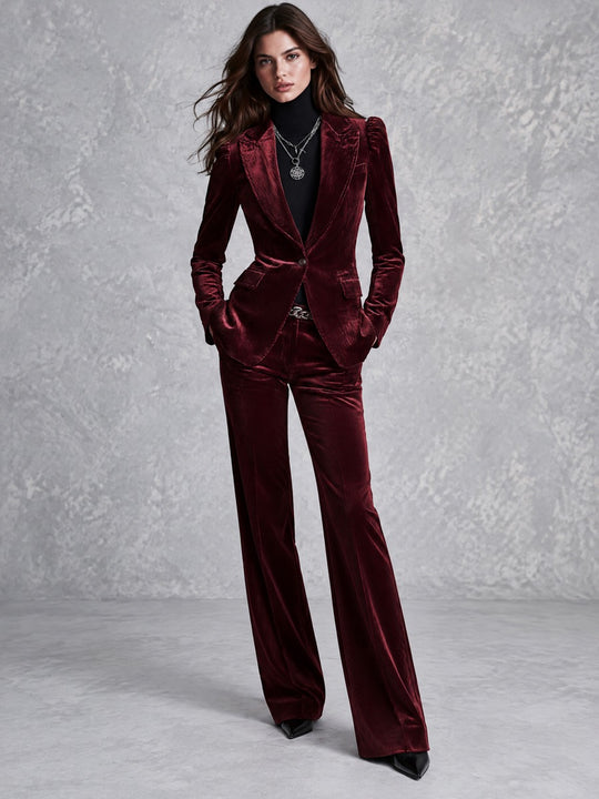 Retro Burgundy Ribbed Velvet Peak Lapel Tailored Blazer