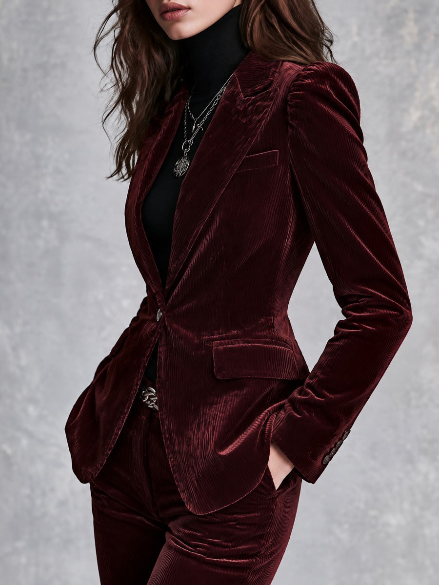 Retro Burgundy Ribbed Velvet Peak Lapel Tailored Blazer