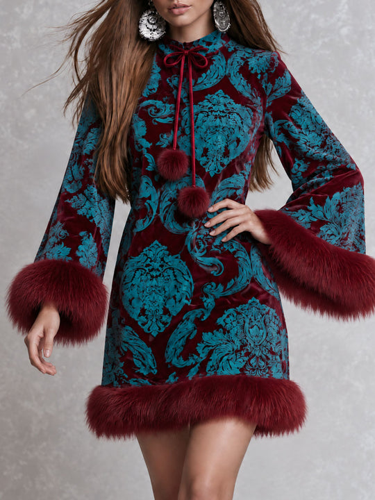 Retro Burgundy Teal Baroque Velvet Mini Dress With Faux Fur Trim
