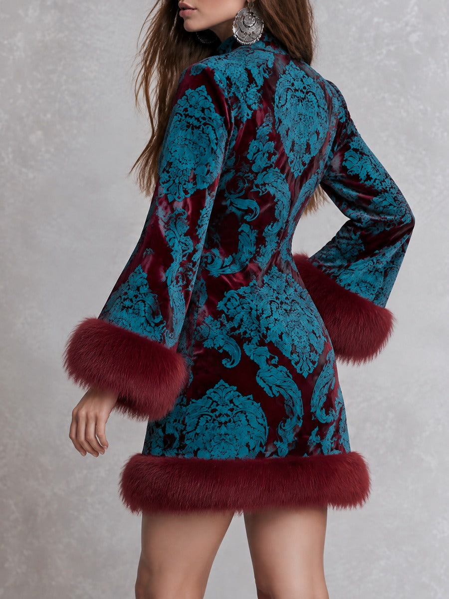 Retro Burgundy Teal Baroque Velvet Mini Dress With Faux Fur Trim