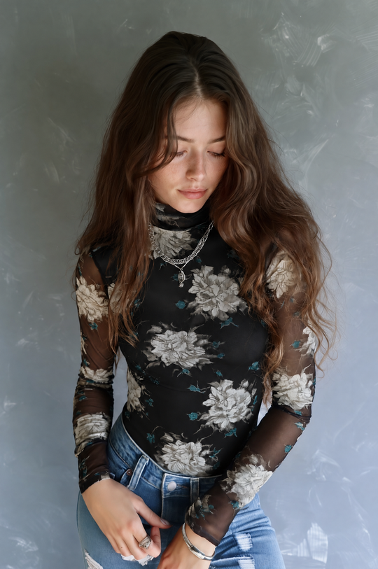 Boho Black Floral Print Sheer Mesh Turtleneck Top